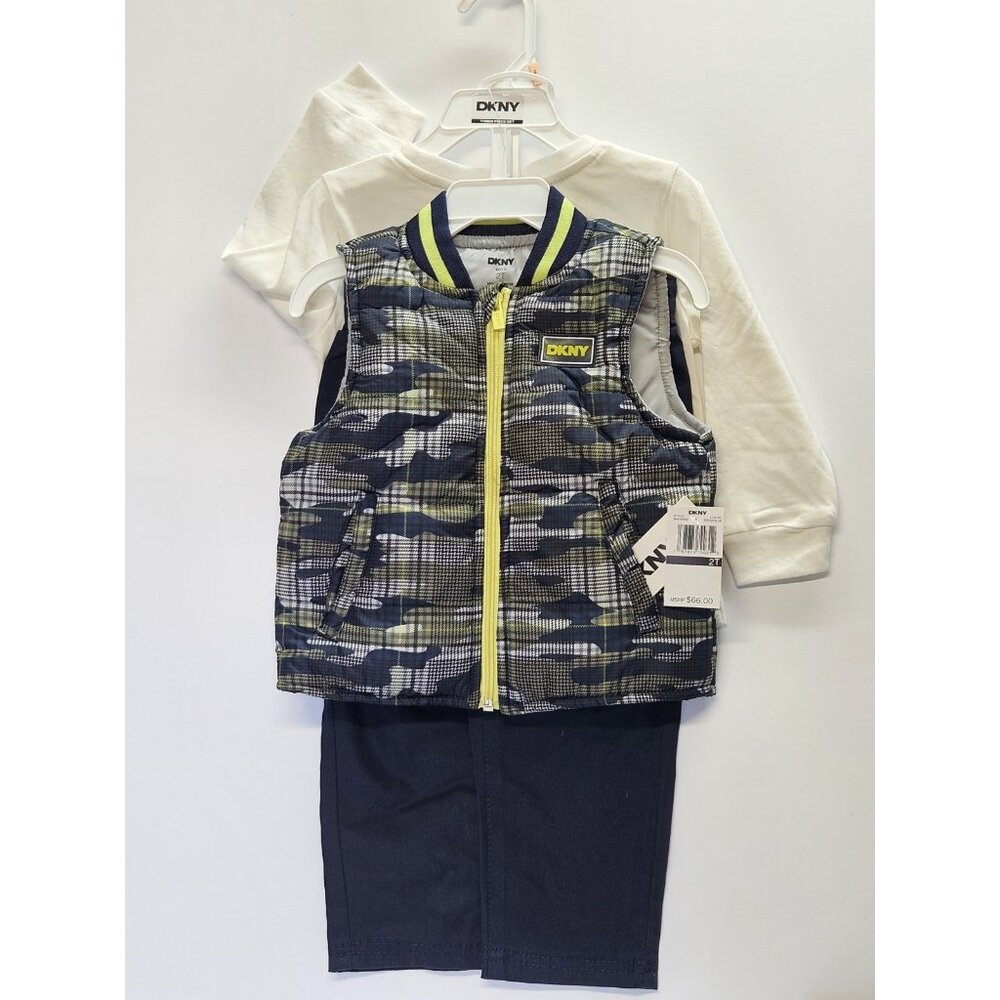 DKNY Size 2 T. Set Of 3, Green- Blue Vest/ Blue Pants/ Cream Long Sleeve Print